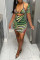 Green Fashion Sexy Print Hollowed Out V Neck Short Sleeve Dress Two Pieces