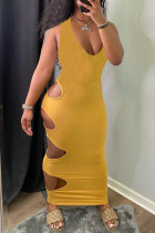 Yellow Fashion Sexy Solid Hollowed Out U Neck Vest Dress