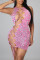 Pink Sexy Print Hollowed Out Strap Design O Neck Sleeveless Dress