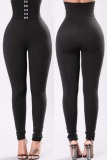 Black Fashion Casual Solid Buckle Skinny High Waist Pencil Trousers