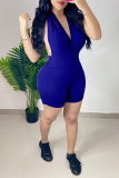 Blue Sexy Casual Solid Backless V Neck Sleeveless Skinny Romper