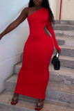 Red Sexy Casual Solid Hollowed Out Oblique Collar Long Sleeve Dresses