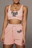 Apricot Casual Sportswear Letter Print Basic U Neck Sleeveless Two Pieces