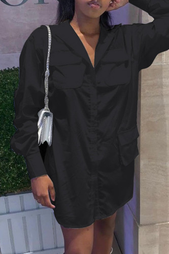 Black Fashion Casual Solid Pocket Turndown Collar Shirt Dress