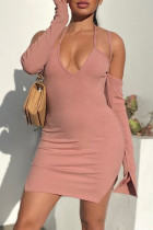 Pink Fashion Sexy Solid Backless Slit Halter Long Sleeve Dresses
