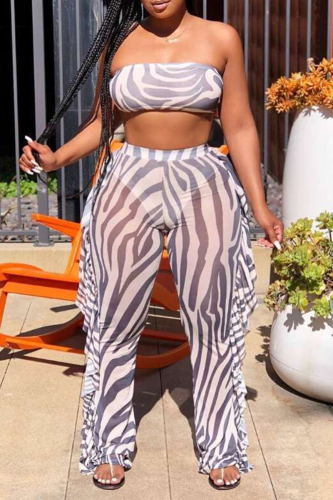 White Sexy Print Flounce Mesh Strapless Sleeveless Three Pieces