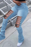 Sky Blue Fashion Sexy Solid Strap Design High Waist Jeans