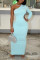 Light Blue Sexy Casual Solid Hollowed Out Oblique Collar Long Sleeve Dresses