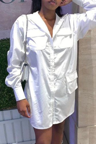 White Fashion Casual Solid Pocket Turndown Collar Shirt Dress