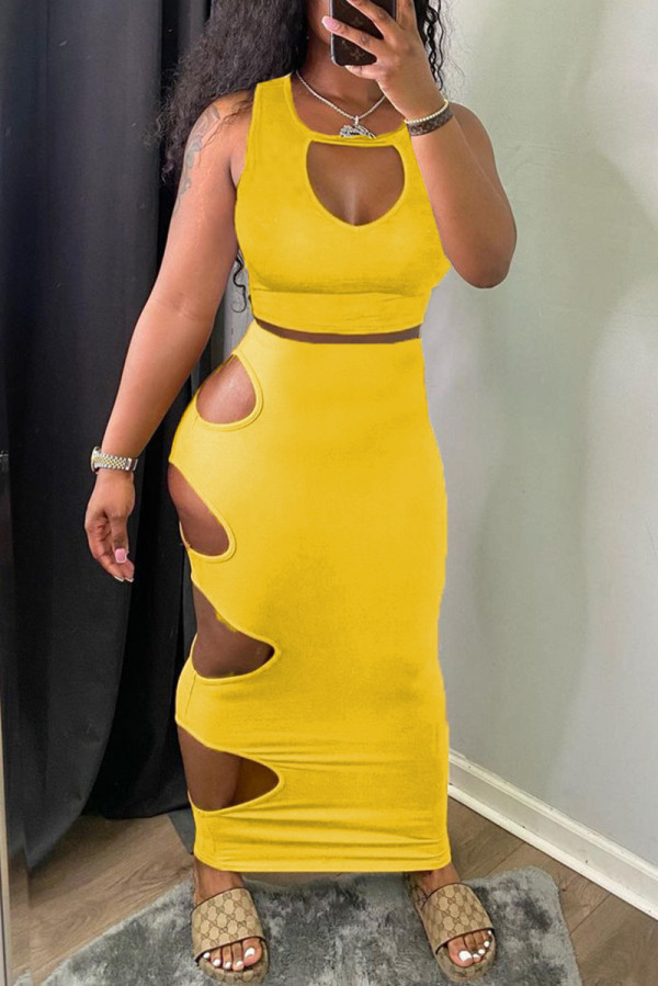 Yellow Fashion Sexy Solid Hollowed Out O Neck Sleeveless Two Pieces