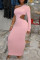 Pink Sexy Casual Solid Hollowed Out Oblique Collar Long Sleeve Dresses