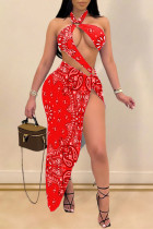 Red Fashion Sexy Print Hollowed Out Backless Swimwears Set