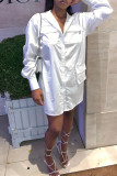 White Fashion Casual Solid Pocket Turndown Collar Shirt Dress