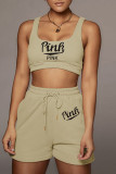 Apricot Casual Sportswear Letter Print Basic U Neck Sleeveless Two Pieces