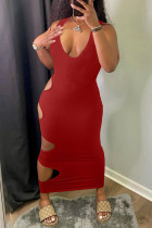 Burgundy Fashion Sexy Solid Hollowed Out U Neck Vest Dress