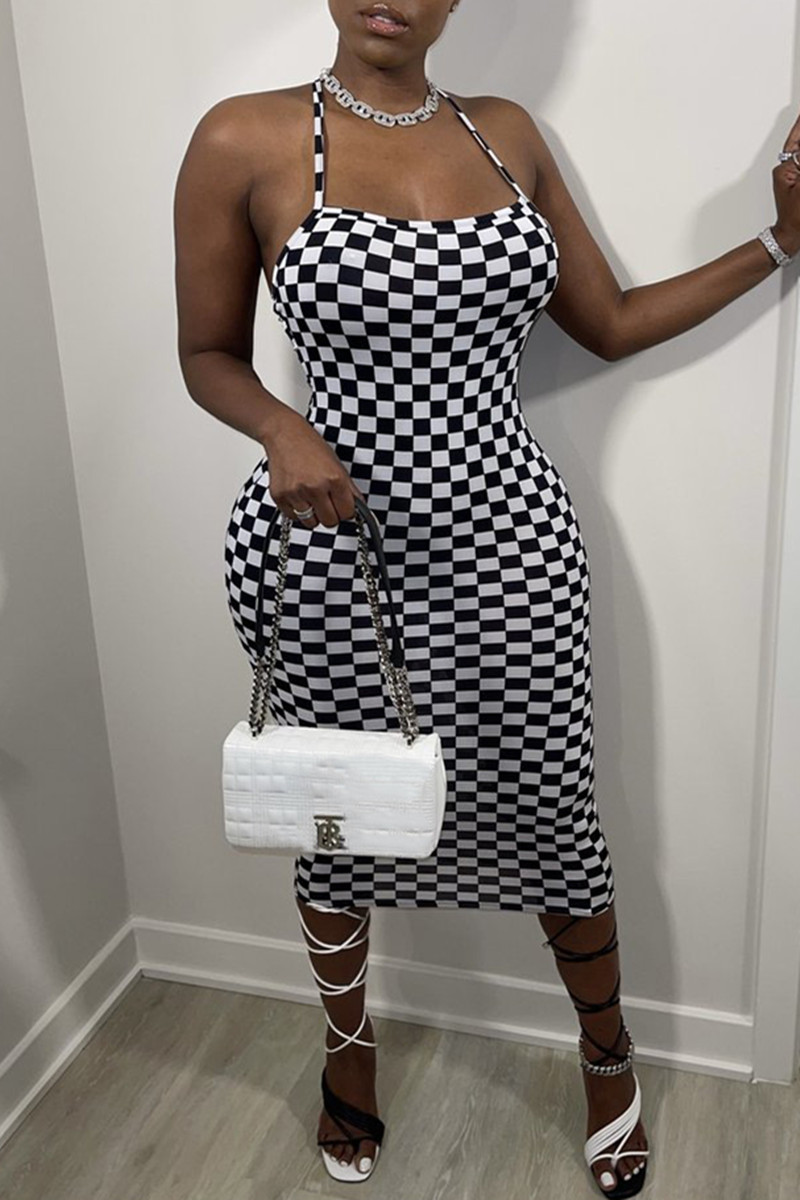 

Black White Fashion Sexy Plaid Print Backless Spaghetti Strap Sleeveless Dress