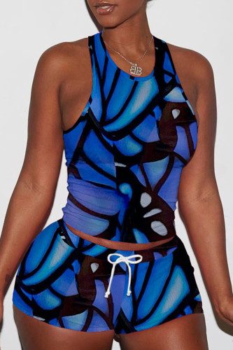 Royal Blue Fashion Casual Print Basic O Neck Sleeveless Two Pieces