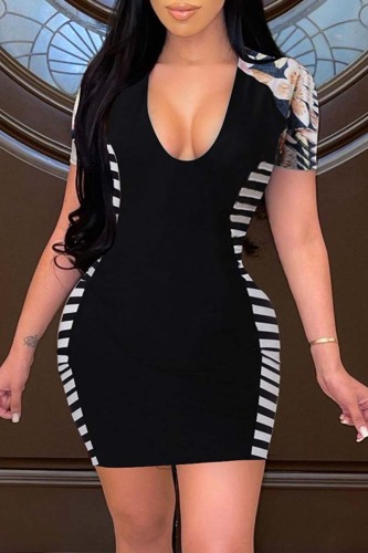 Black Sexy Casual Print Patchwork V Neck Short Sleeve Dress