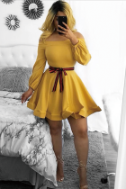 Yellow Vintage Off The Shoulder Long Sleeves One word collar Bud Mid-Calf 
