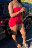 Red Sexy Casual Solid Backless Strapless Skinny Romper