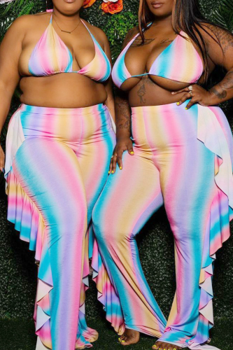 Yellow Pink Sexy Print Patchwork Flounce Halter Plus Size Swimwear
