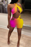 Orange Yellow Sexy Gradual Change Print Hollowed Out Backless Strap Design Halter Sleeveless Two Pieces