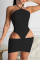 Black Sexy Solid Hollowed Out Backless Spaghetti Strap Sleeveless Dress