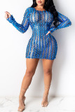Baby Blue Fashion Sexy Ripped Hollowed Out See-through Half A Turtleneck Mini Dress Dresses