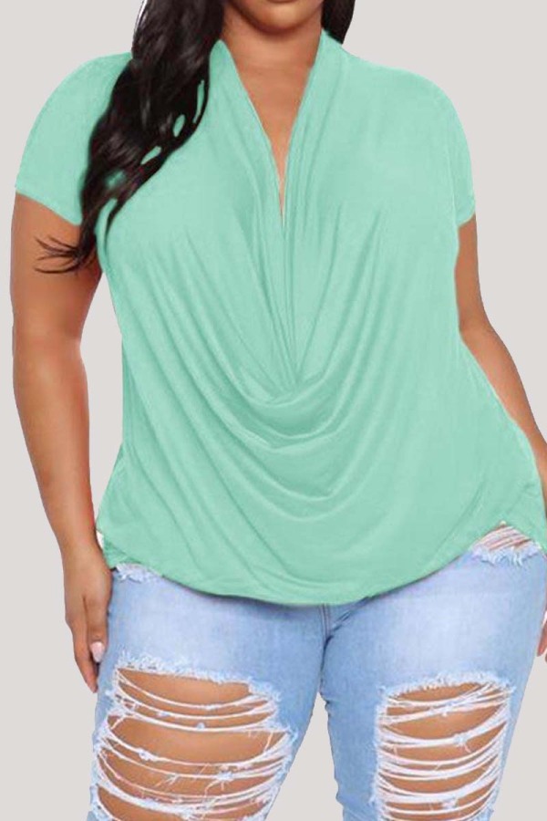 Green Fashion Casual Solid Basic V Neck Plus Size Tops