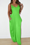 Green Sexy Casual Solid Backless V Neck Sling Dress