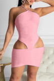Pink Sexy Solid Hollowed Out Backless Spaghetti Strap Sleeveless Dress