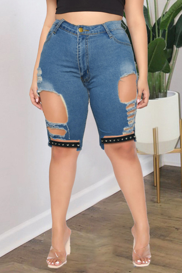 Blue Fashion Casual Patchwork Ripped Plus Size Jeans