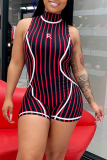 Red Sexy Striped Split Joint Turtleneck Skinny Jumpsuits