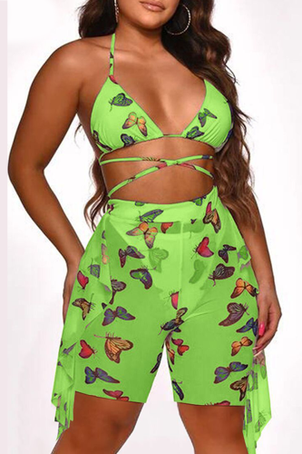 Green Sexy Print Mesh Swimwears （Including underwear）