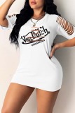 Orange Fashion Sexy Letter Print Ripped Hollowed Out O Neck Short Sleeve Dress
