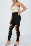 Black Fashion Sexy Solid Hollowed Out Strap Design High Waist Skinny Jeans