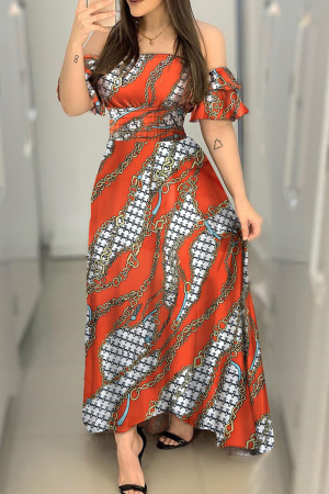 Tangerine Red Sexy Print Patchwork Off the Shoulder Waist Skirt Dresses