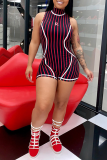 Red Sexy Striped Split Joint Turtleneck Skinny Jumpsuits