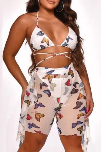 White Sexy Print Mesh Swimwears （Including underwear）