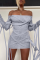 Grey Sexy Solid Bandage Hollowed Out See-through Mesh Off the Shoulder Pencil Skirt Dresses