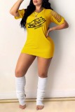 Yellow Fashion Sexy Letter Print Ripped Hollowed Out O Neck Short Sleeve Dress
