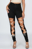 Black Fashion Sexy Solid Hollowed Out Strap Design High Waist Skinny Jeans