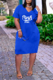 Blue Fashion Casual Letter Print Basic V Neck Short Sleeve Dress Dresses