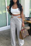Grey Fashion Casual Solid Hollowed Out Regular High Waist Wide Leg Trousers