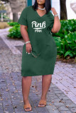 Army Green Fashion Casual Letter Print Basic V Neck Short Sleeve Dress Dresses