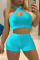 Sky Blue Sexy Casual Solid Hollowed Out Backless Halter Sleeveless Two Pieces
