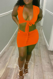 Orange Fashion Sexy Solid Strap Design V Neck Short Sleeve Two Pieces