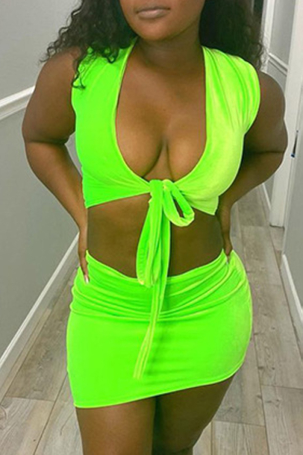 Fluorescent Green Fashion Sexy Solid Strap Design V Neck Short Sleeve Two Pieces