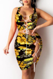 Golden Yellow Fashion Sexy Print Hollowed Out Strap Design U Neck Sleeveless Two Pieces