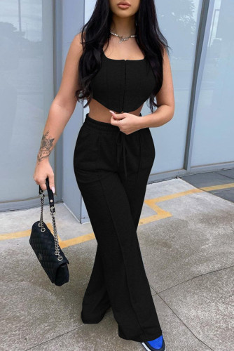 Black Casual Solid Asymmetrical U Neck Sleeveless Two Pieces